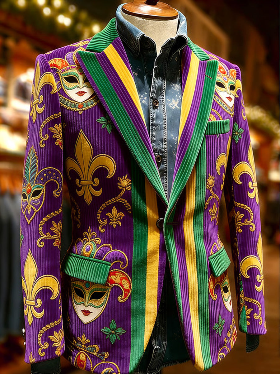 Men's Retro Mardi Gras Art Print Casual Corduroy Pocket Blazers